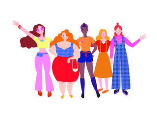 Fototapeta na wymiar Women of different body types and skin color waving with joy. Diverse girls in different clothes, flat vector style on white background. Brown, red haired, black, blond hair, curvy and skinny women