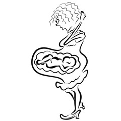 Puzzled pregnant woman and relaxing baby in her belly