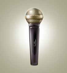 Isolated vector illustration of vocal microphone. Stylish realistic black glance microphone with bright gold grille on the neutral background. Editable EPS vector