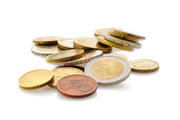 Euro cent currency metal coins in group isolated on white