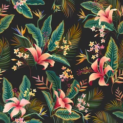Tapeten Hibiskus nahtloses Blumenmuster. tropisches tropisches Blumenmuster mit Hibiskus- und Palmenblättern auf dunklem Hintergrund