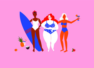 Women on the beach with surfboards enjoy. Women from different ethnicity in swimsuits celebrate diversity. Flat cartoon vector illustration.