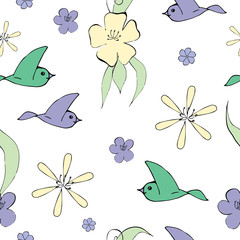 seamless pattern with cream flowers and birds flying
