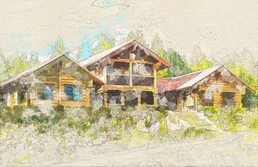 Obraz na płótnie Canvas Sketch of House on hill, Forest, Finland