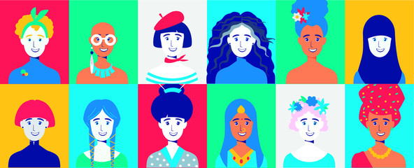 Fototapeta na wymiar female diverse faces of different ethnicity. International womens day, sisterhood, women, pattern, postcard. Modern flat vector illustration.