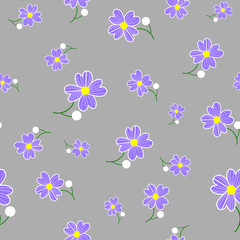 Seamless cute floral spting pattern background. Blue flower pattern on gray background. Mothers Day, 8 March