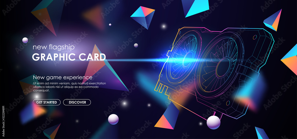 Poster gpu mining landing page concept. mining crypto currency or modern gaming device for pc. technology g
