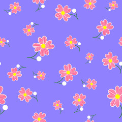 Seamless cute floral spting pattern background. Pink flower pattern on blue background. Mothers Day, 8 March