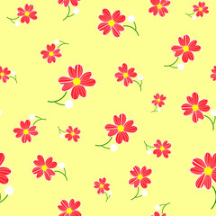 Seamless cute floral spting pattern background. Red flower pattern on yellow background. Mothers Day, 8 March