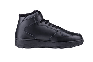 Black high boot on a white background. Winter sneakers.
