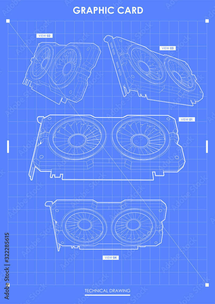 Aufkleber gpu graphic card. modern template for web and print. hi-tech device concept. technical drawing.