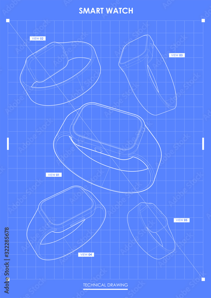 Aufkleber smart watch. modern template for web and print. hi-tech device concept. technical drawing.