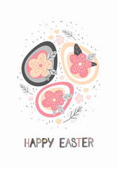 Colorful Happy Easter greeting card or banner with decorated Easter eggs and text. Scandinavian hand drawn style. Vector illustration. Concept for, flyer, invitation, holiday backgrounds.