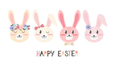 Cute Easter pink and yellow bunnies. Horizontal greeting card or banner in Scandinavian hand drawn style. Face close up cartoon character. Little cartoon rabbit. Happy Easter.