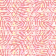 Cute Scandinavian geometric seamless pattern in a pink pastel palette with triangles and plant texture. Colorful abstract background. Decorating the surface of Wallpaper, textile, wrapping paper.