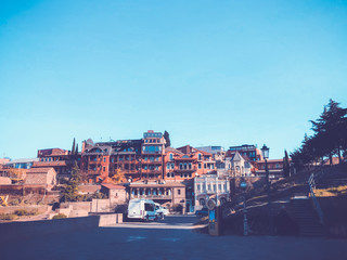 Fototapeta na wymiar TBILISI, GEORGIA - December 17 2019: Beautiful landscape view of the old district. Old Tbilisi, winter in the city