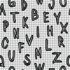 Seamless black and white monochrome back to school font vector pattern with hand drawn letters on grid background. Gift wrapping paper, interior, cloth, fabric or web design.