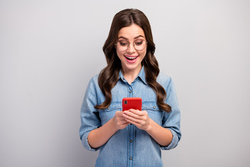 Photo of beautiful freelancer business lady hold browsing telephone check followers subscribers...