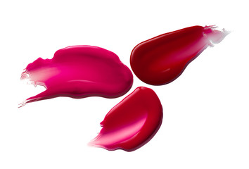 Lip gloss palette pink red color smudge sample isolated on white background