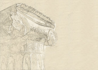 Sketch of  capital of Ionian order column in Ancient Delphi, Greece, Europe