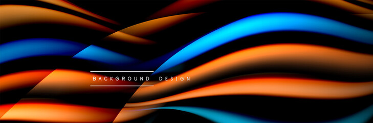 Сolorful flow poster. Wave liquid lines and shapes in black color background. Vector Illustration