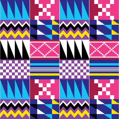 Geometric tribal Kente vector seamless pattern, African nwentoma cloth style design perfect for fabrics and textiles