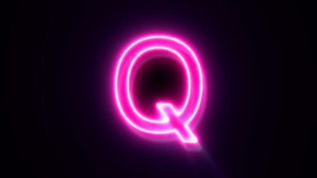 Pink neon font letter Q uppercase blinks and appear in center