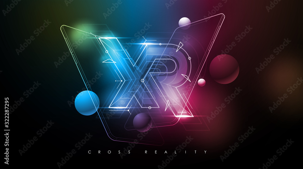 Poster xr logo layout with modern smartphone.modern template for web and print. cross reality concept.