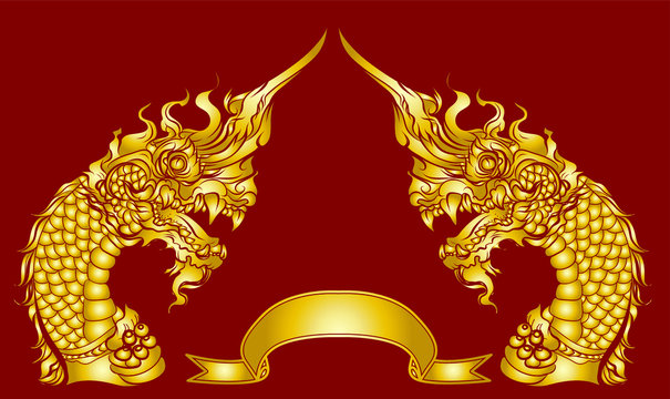 Hand drawn Thai Dragon silhouette and paper cut style, Line Thai is Thailand Style and Tattoo design.The Naga is a wild animal in the Himmapan Forest.