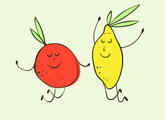 A cute  fun cupple, an orange and a lemon are jumping. Vector illustration isolated on a white background.