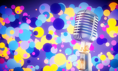 Fototapeta na wymiar Colorful background retro microphone on stage glow blurred voice or American Bar restaurant during a night show. Studio record old school.