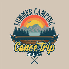 Vintage badges with wooden canoe for river trip