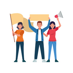 Fototapeta premium cartoon women and man standing holding blank signs and megaphone