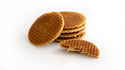 Double waffles with caramel on a white background. Isolated. 