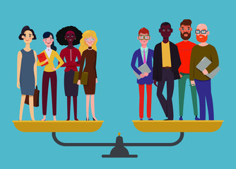 Businessmen and businesswomen stand on weighing machine and are even, gender equality concept, men and women are equal. Workplace diversity. Modern flat vector illustration.