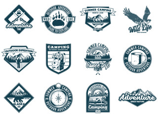Set collection of vintage camping travel  badges