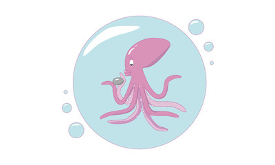 Vector octopus. Blue bubbles on the background. For menus, posters, packages, invitations, clothing, decor