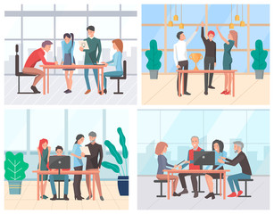 Teamwork cooperation, workers strategy and win, people communication with computer. Man and woman discussion plan, colleagues brainstorming vector