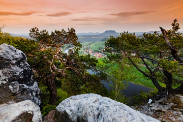 Germany, Rathen. The rocks of the Bastei nature reserve. Top of view to the Elba river. Saxon Switzerland