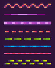 Obraz premium Set of colorful lines on purple, neon dotted and wavy-line, shooting element of space pixel game, shiny laser collection, squared light or burst vector, pixelated cosmic object for mobile app games
