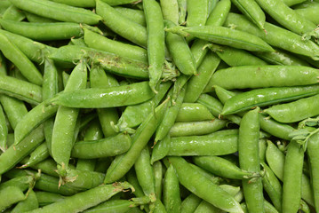 Fresh pea pods as background. Top view.