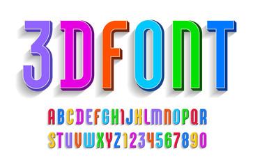 3D Font from multicolored, trendy bright alphabet, modern condensed letters and numbers for your design, vector illustration.