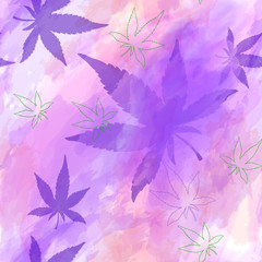 Seamless pattern of cannabis leaves. Watercolor pattern of pink or lilac marijuana leaf.
