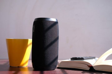 smart speaker on table at early morning 