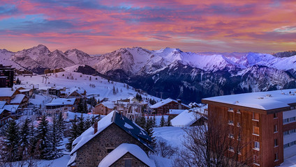 Evening Sunset At Ski Resort Village, Chamonix Mont-Blanc, Amazing Sky - obrazy, fototapety, plakaty