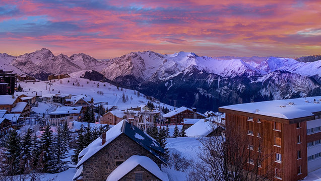 Evening Sunset At Ski Resort Village, Chamonix Mont-Blanc, Amazing Sky