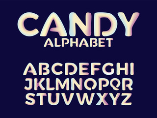 Font in pastel colors. Candy-like alphabet on a black background.