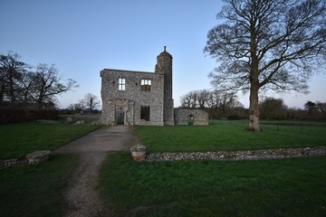 The outer gatehouse of Baconsthorpe Castle, a ruined manor house in Norfolk, England, UK.