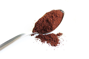 ground coffee in a spoon isolate. Spoon with instant coffee and coffee beans, retro style toned, copy space.