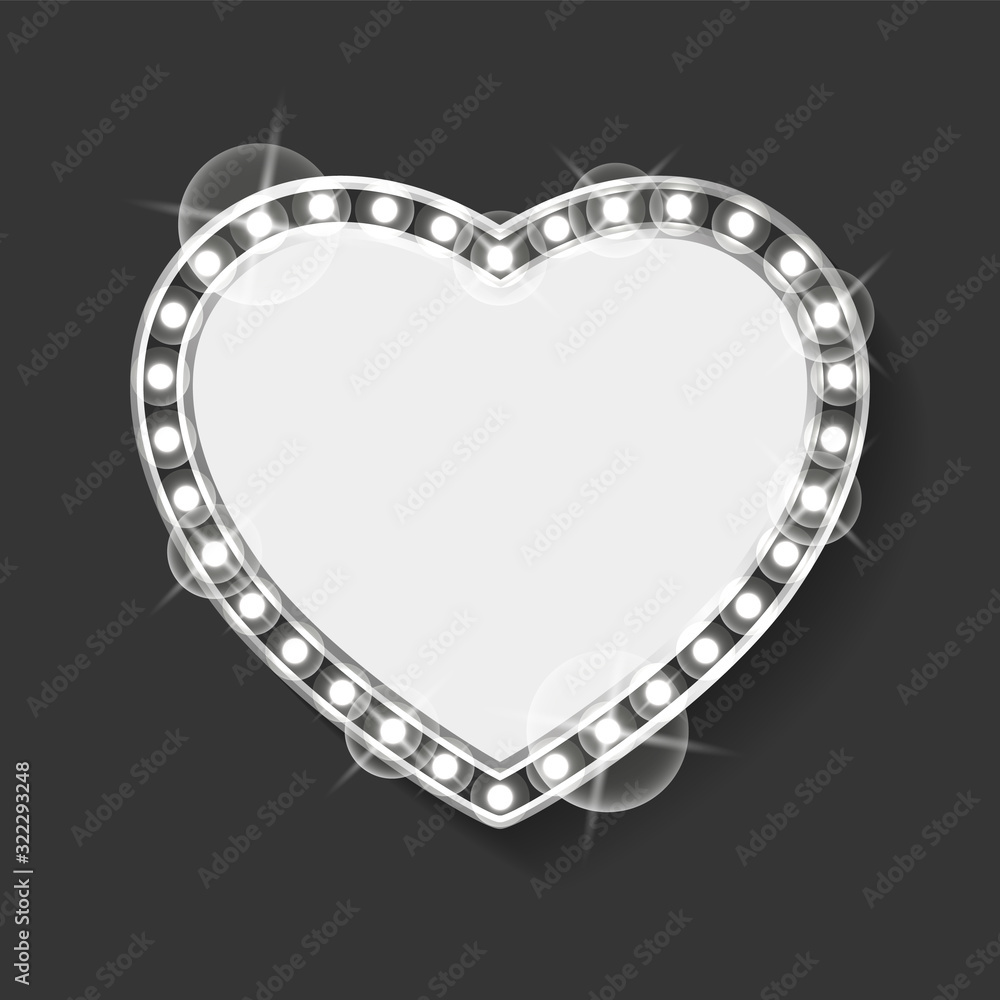 Poster frame in shape of heart vector, empty banner with blank space and silver bulbs. grey lights and spar